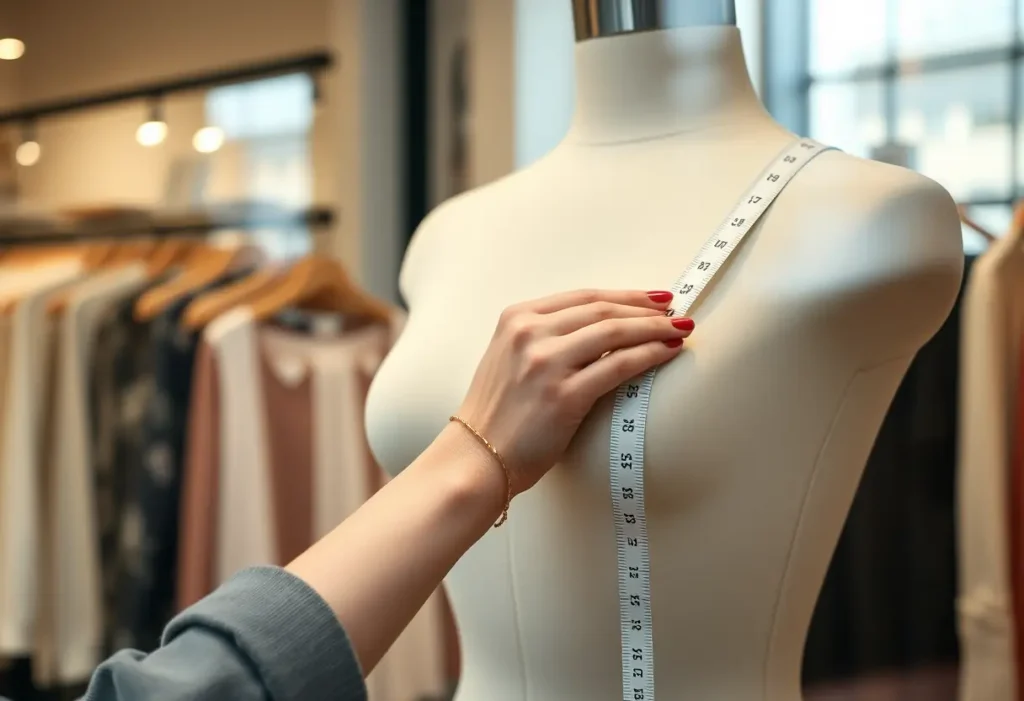 Main : une femme tient un mètre ruban en coton souple autour d'un mannequin, soulignant l'importance de la taille adéquate