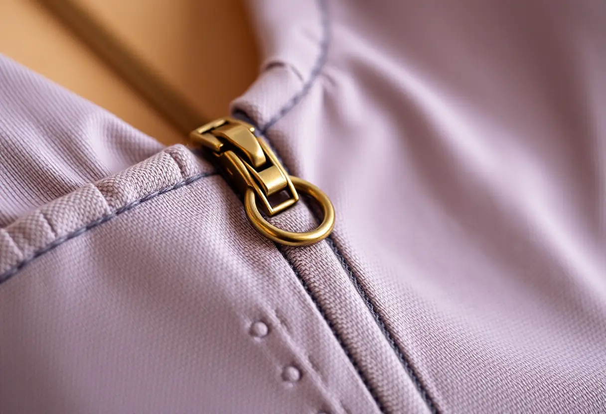 Accessoire : un zip métallique sur un échantillon de tissu, symbolisant la facilité d'utilisation des soutiens-gorge d'allaitement