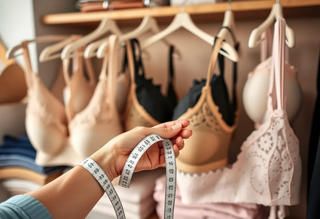 Une main féminine tient un mètre ruban en coton doux dans une boutique accueillante