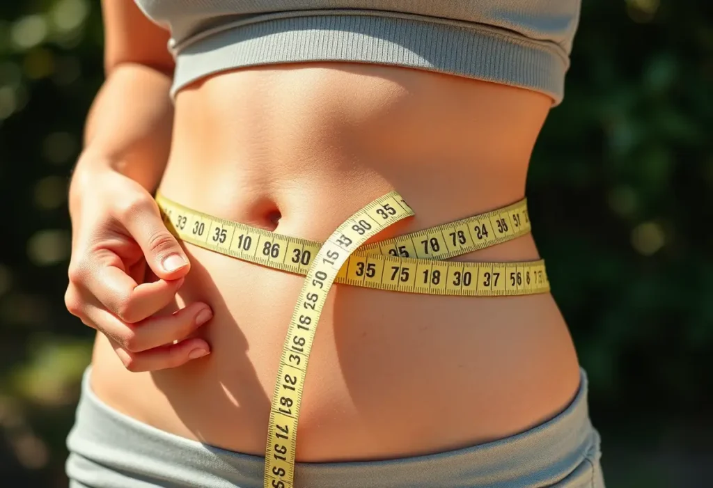 Une main féminine tient un ruban mesure autour de son ventre enceinte.