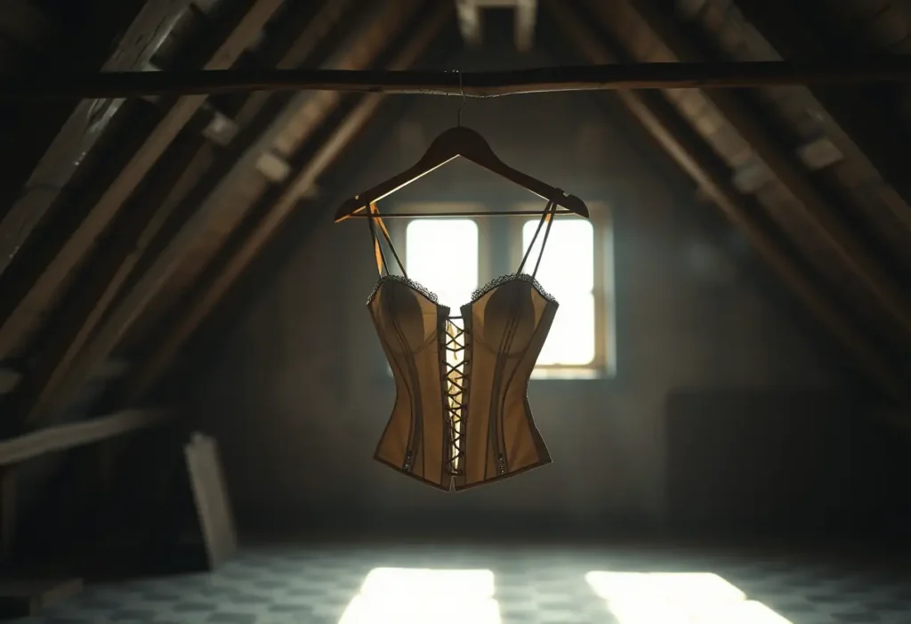 Cinture suspendue à un cintre dans un grenier sombre, évoquant l'évolution des sous-vêtements féminins.