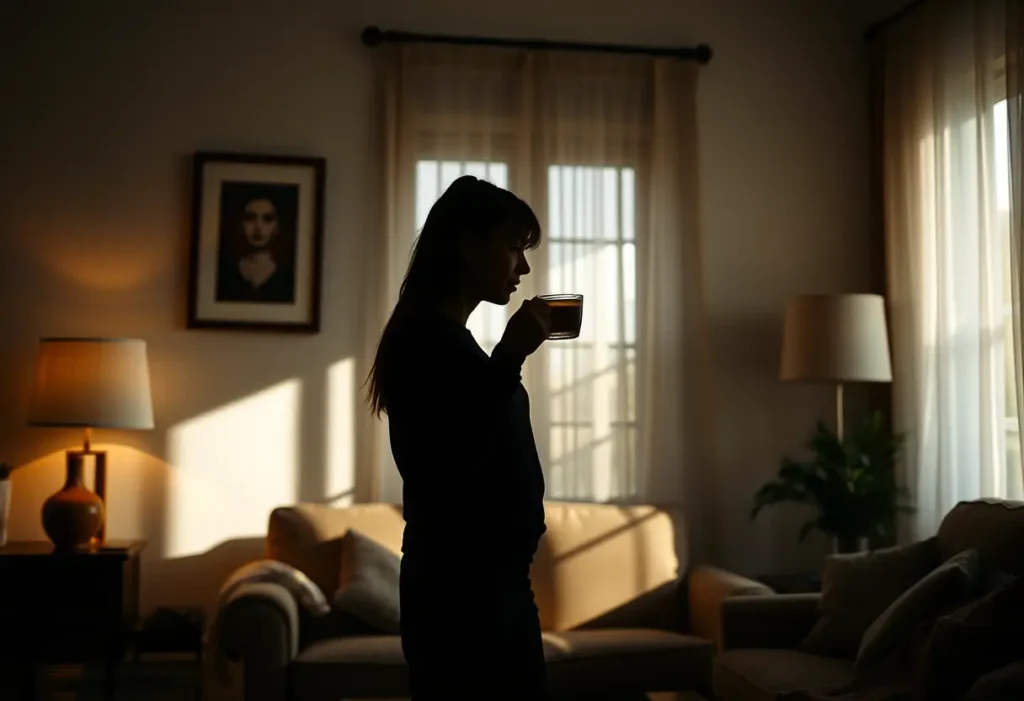 Silhouette d'une femme tenant une tasse de thé dans un salon accueillant