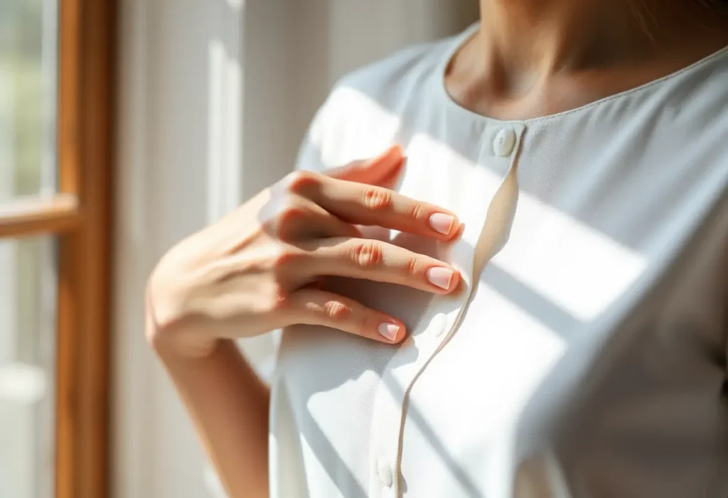 Une main féminine ajuste délicatement une blouse, la lumière naturelle souligne le geste