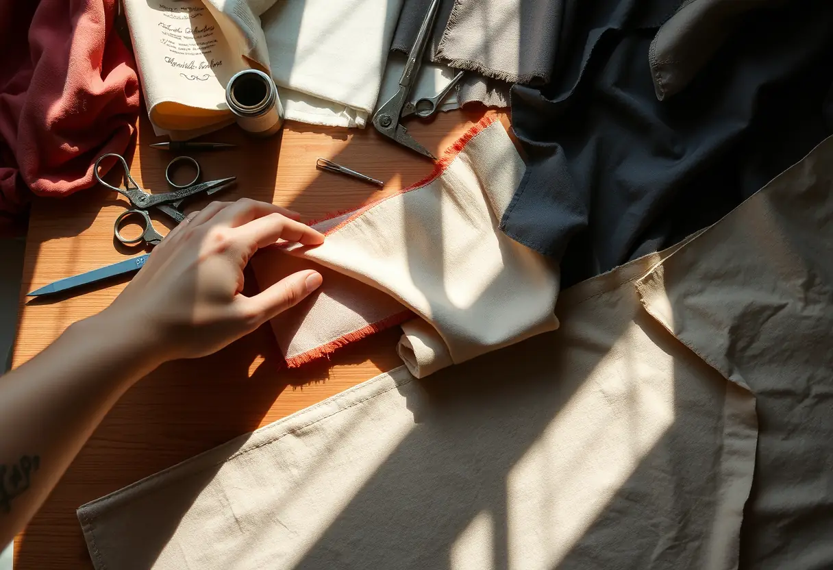 Des échantillons de tissus sur une table, une main choisit celui qui convient