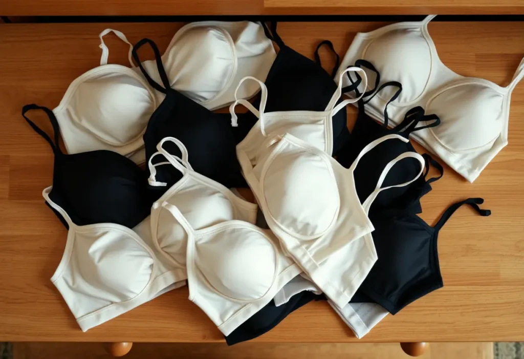 Un amoncellement soigné de soutiens-gorges invisibles sans armatures sur une commode en bois