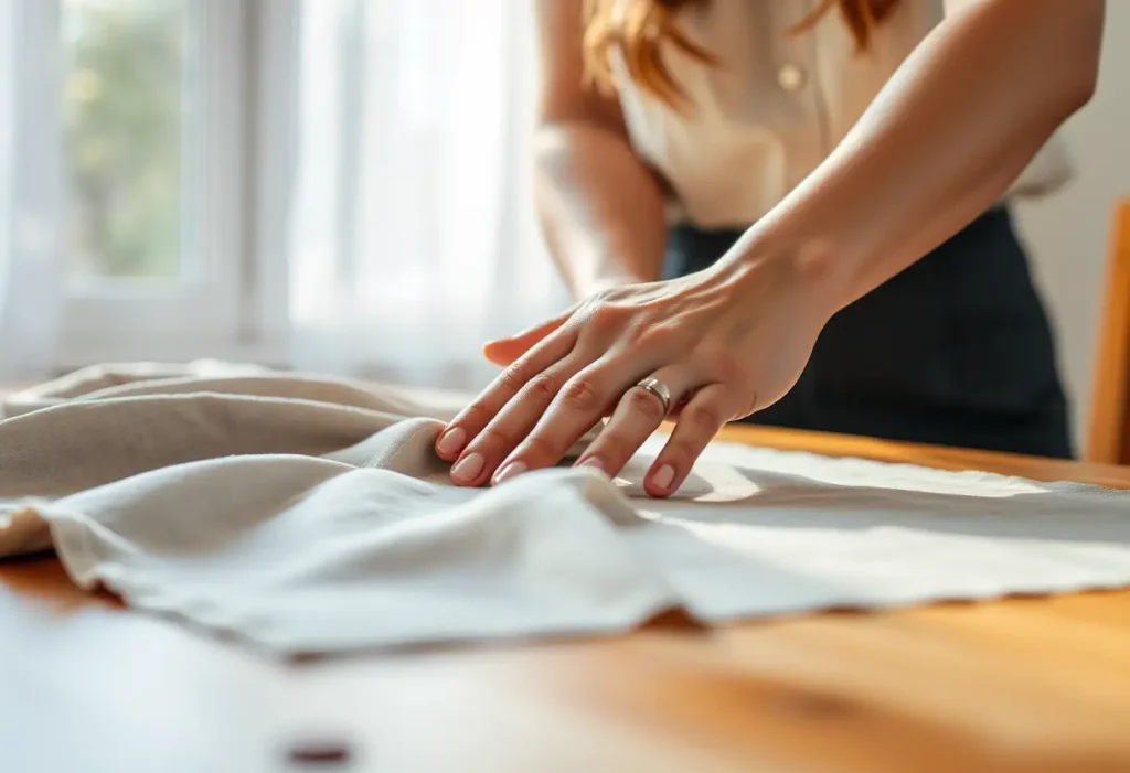 Une main lisse du tissu d'un soutien-gorge, chaleureux et accueillant