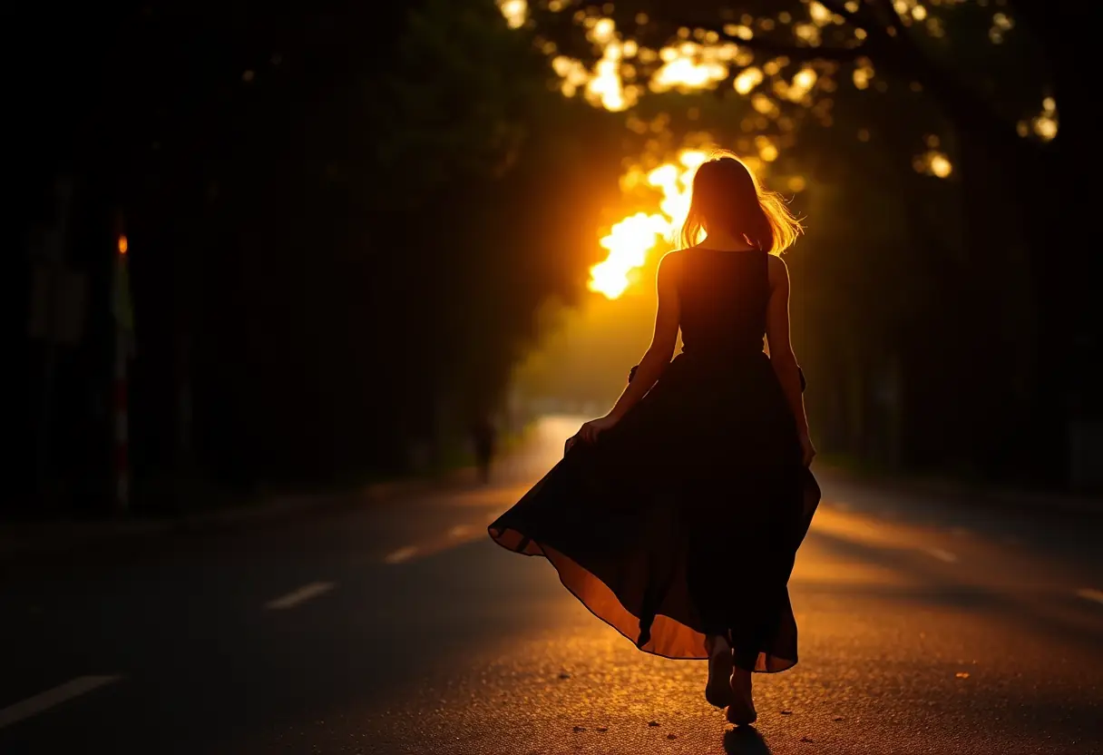 Une femme se promenant confiante au crépuscule
