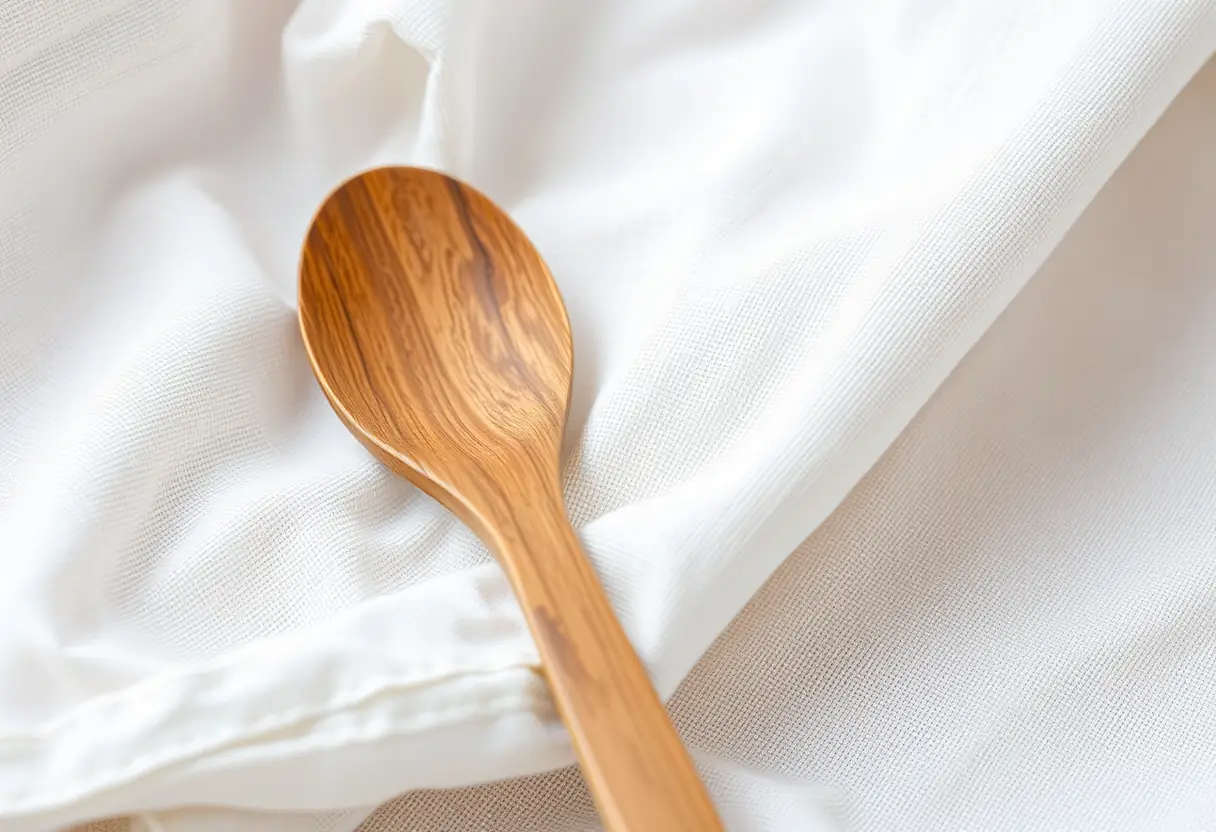 Cuillère en bois sur tissu blanc, symbole de confort quotidien et simplicité