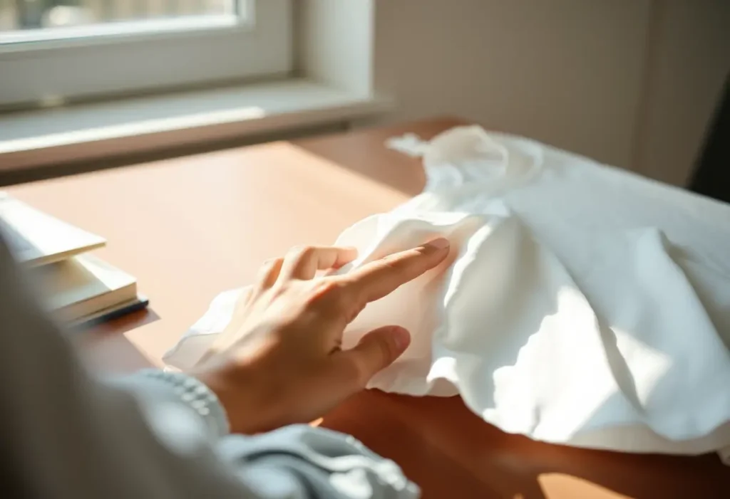 Main: une main féminine ajustant sa chemise de travail