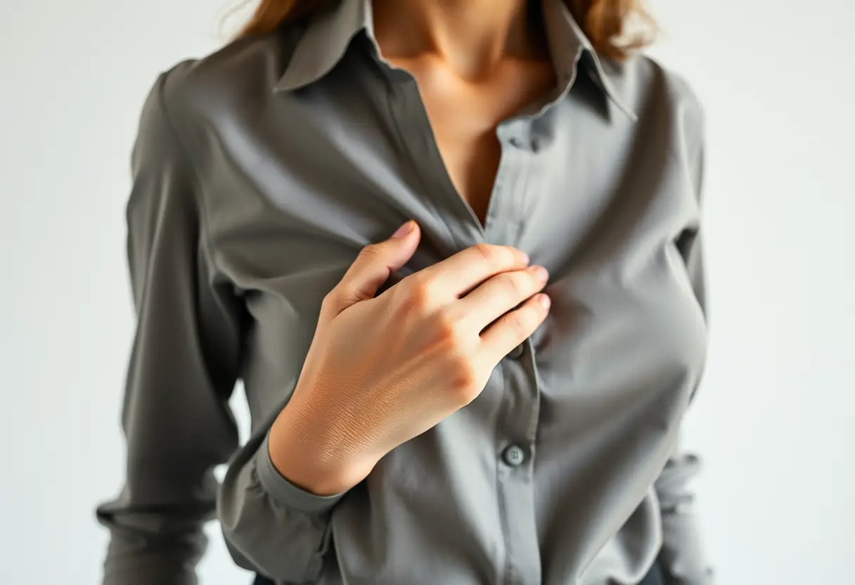 Main focus sur les mains d'une femme lisant sa blouse, symbolisant le confort et la liberté