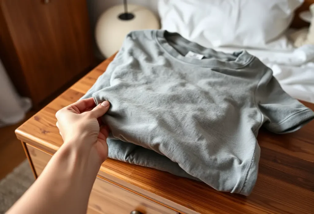 Main de femme tenant un tee-shirt en coton plié sur une commode, symbole de confort et de liberté