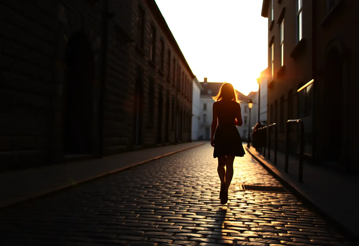 Silhouette de femme marchant dans une rue pavée au crépuscule, passant devant une rangée de bâtiments en pierre, réfléchissant sur la libération personnelle et l'acceptation