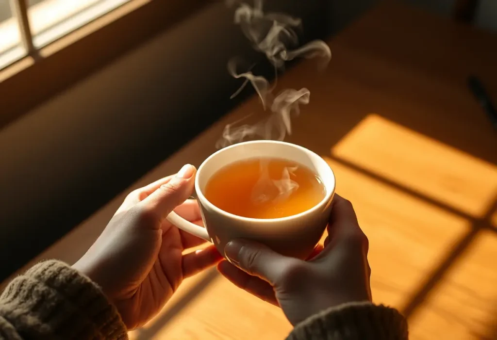 Des mains tenant une tasse de thé aromatique, évoquant détente et bien-être.