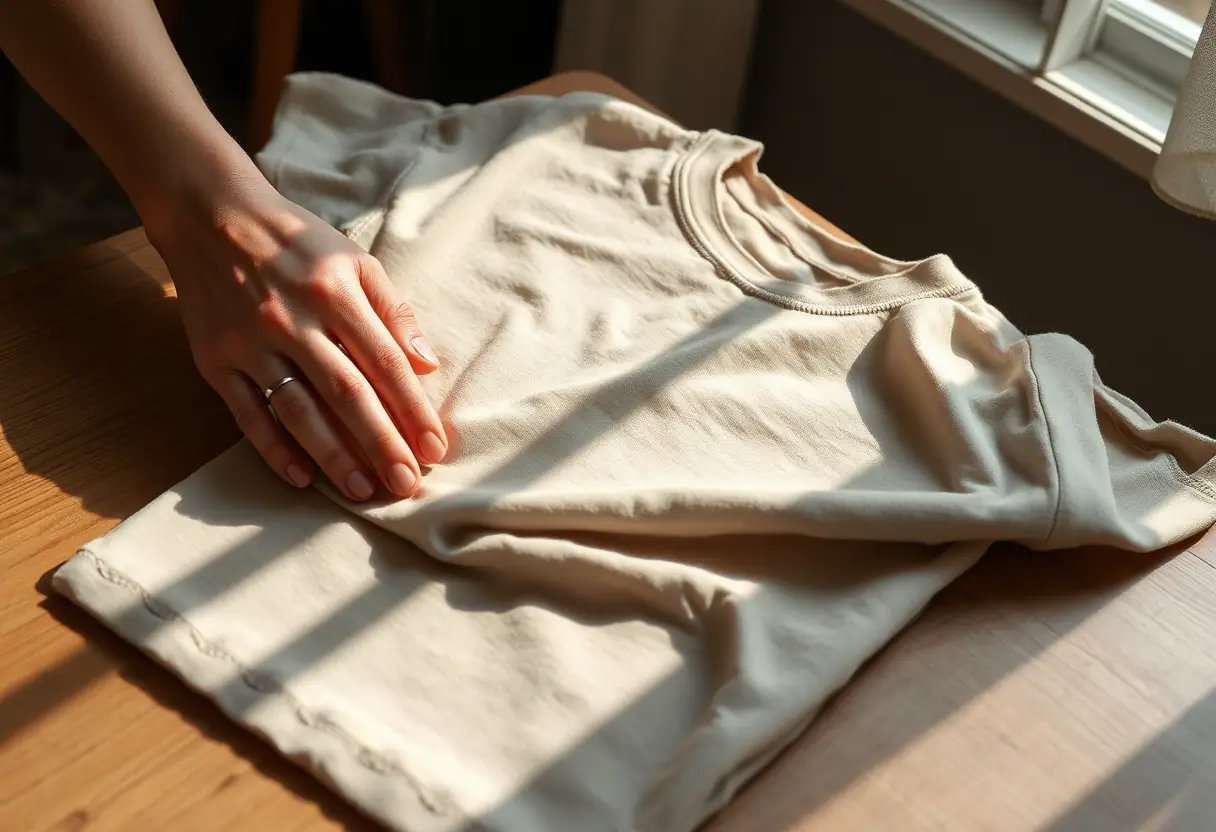 Une main lisse le tissu d'un tee-shirt en coton sur une table, symbolisant la simplicité et la liberté.