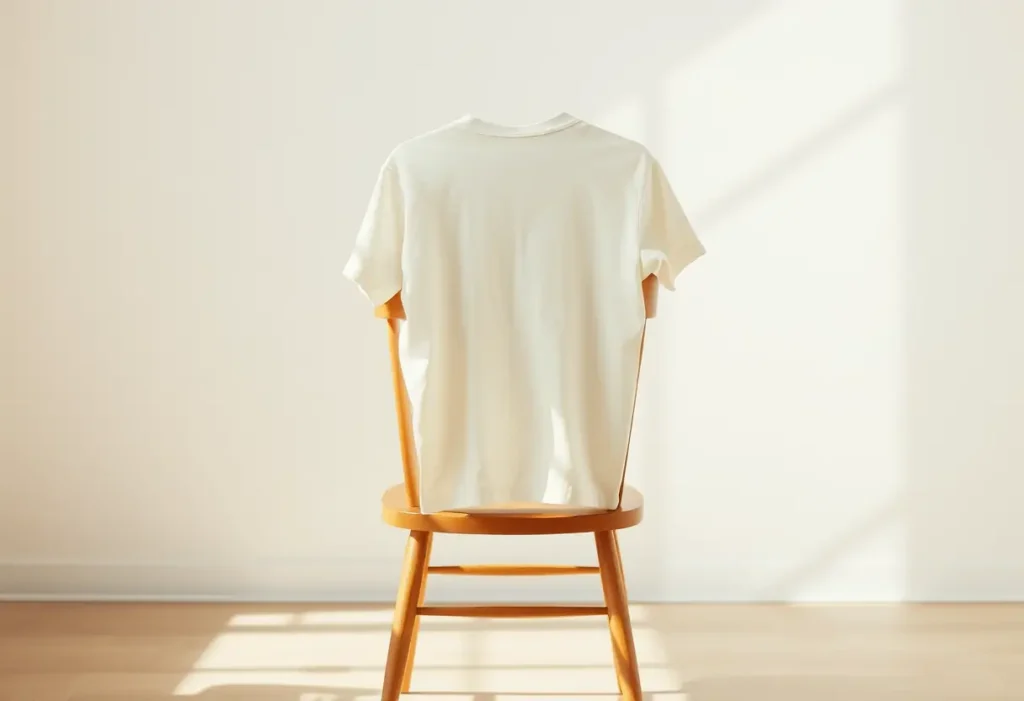 Un fauteuil en bois dans une pièce lumineuse, avec une simple chemise de coton accrochée, symbole de liberté et d'auto-acceptation.