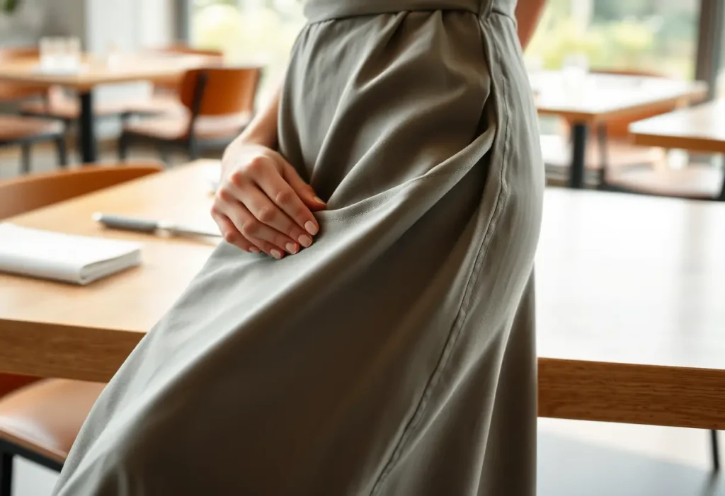 Une main lisant une ride sur sa robe dans un restaurant moderne