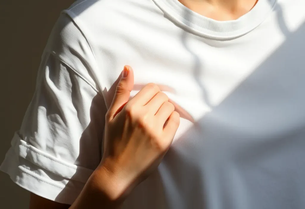 Une main féminine plie doucement un t-shirt en coton, mettant en valeur sa texture et sa simplicité