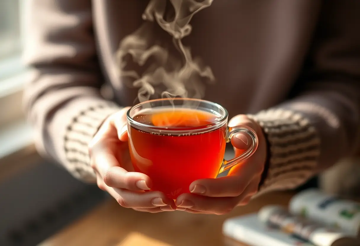Des mains tenant une tasse de thé herbeux, la vapeur s'élève doucement, les couleurs chaudes de la tasse contrastent avec la lumière froide du matin