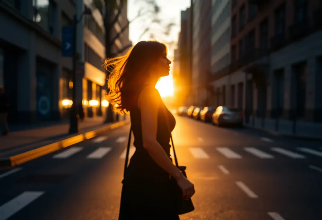 Une silhouette floue d'une femme marchant dans la rue, la lumière du soir créant de longues ombres