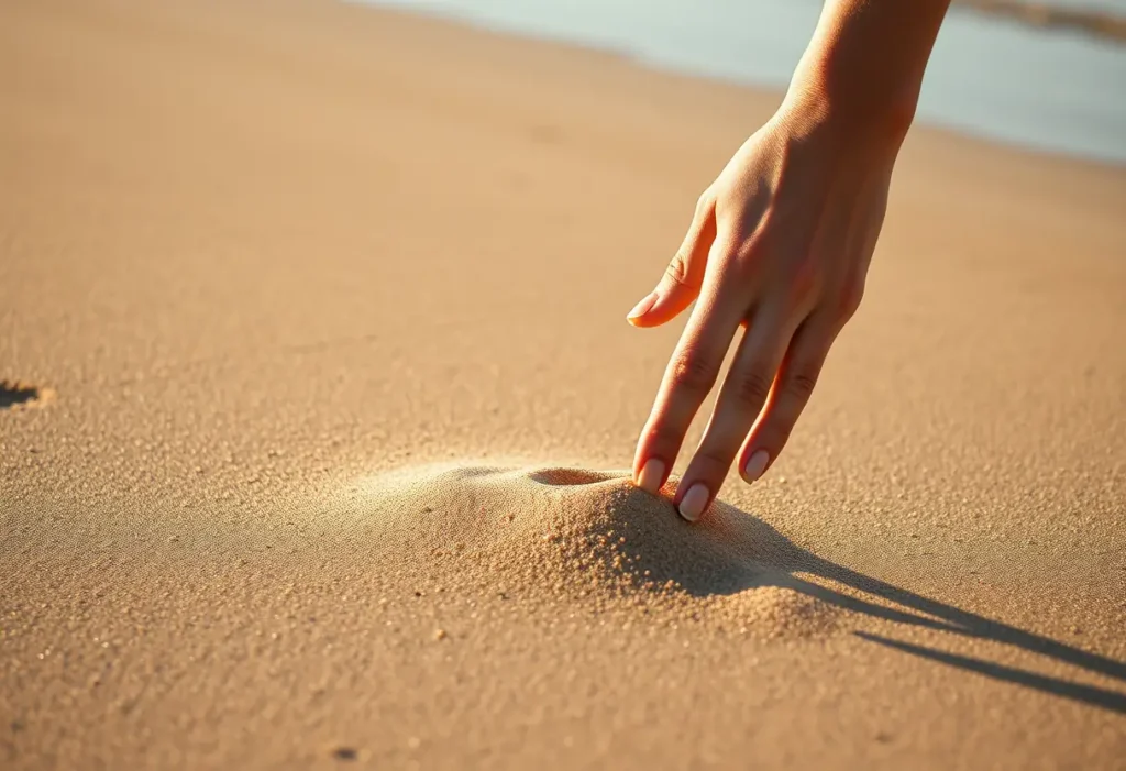 Mainete d'un sable lissé sur une plage au lever du jour, pour la liberté corporelle.