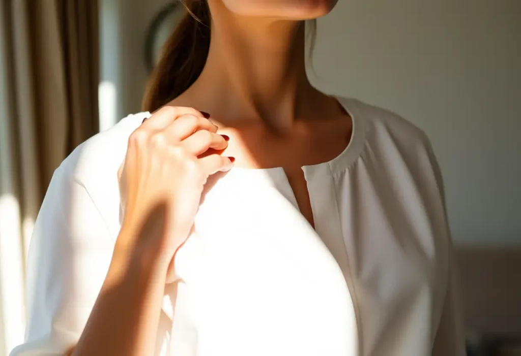 Une main féminine lisse délicatement un corsage échancré, symbole de liberté et de confort