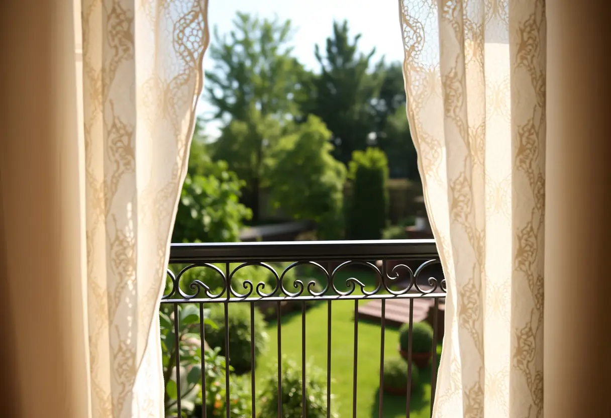 Balcony avec vue sur un jardin apaisant, à travers un rideau en dentelle, évoquant la beauté et la sérénité intérieure