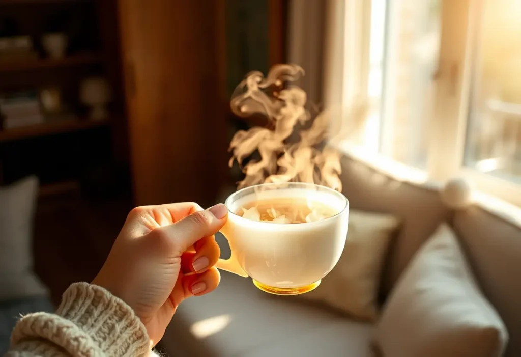 Une main tenant une tasse de thé herbeux, éclairée par la lumière du soleil