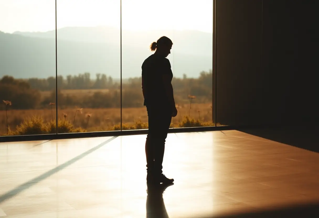 Un profil flou d'une personne devant un miroir reflétant un paysage serein au lever du soleil.