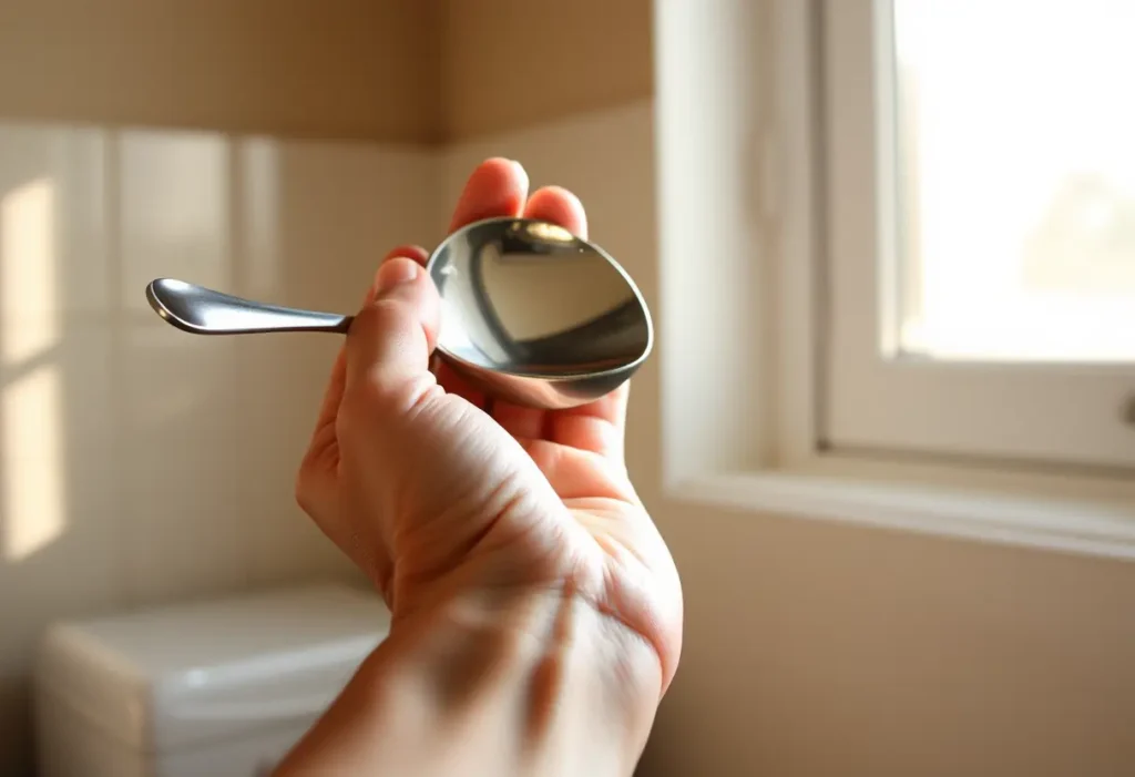 Une main féminine tenant une cuillère métallique dans une cuisine au matin