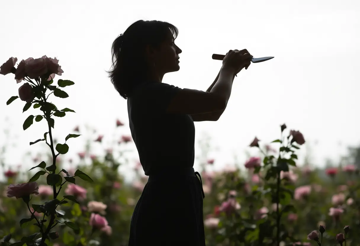 Un profil féminin dans un jardin fleuri, tenant une sécateur en bois