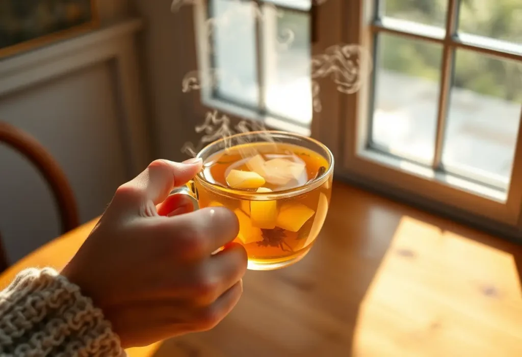 Une main posée sur une table avec une tasse de thé chaud, éclairée par la lumière naturelle.
