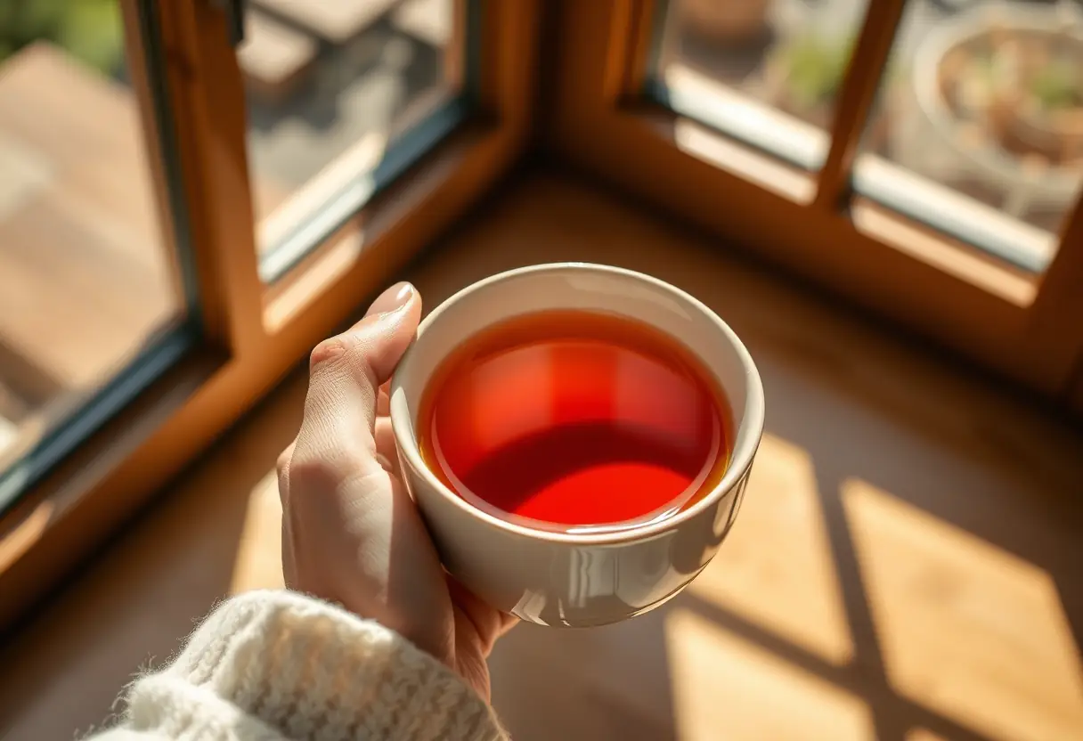 Une main tenant une tasse de thé chaud, éclairée par la lumière naturelle