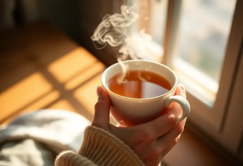 Une main féminine tient une tasse de thé aromatique, symbolisant le bien-être et l'acceptation de soi.