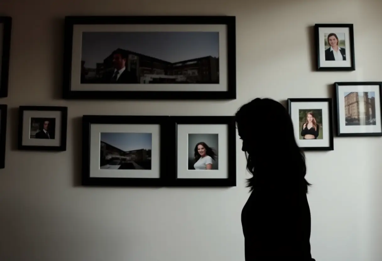 Un profil féminin contre un mur de photos, représentant la croissance personnelle et la réflexion intérieure.