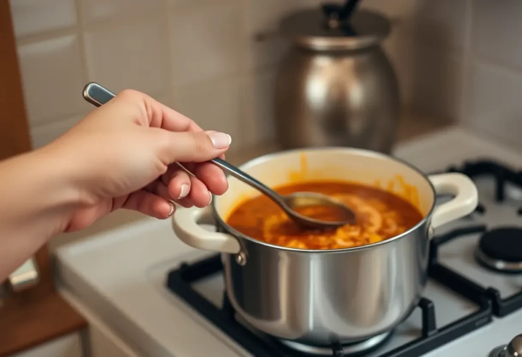 Main de femme tenant une cuillère métallique dans la cuisine
