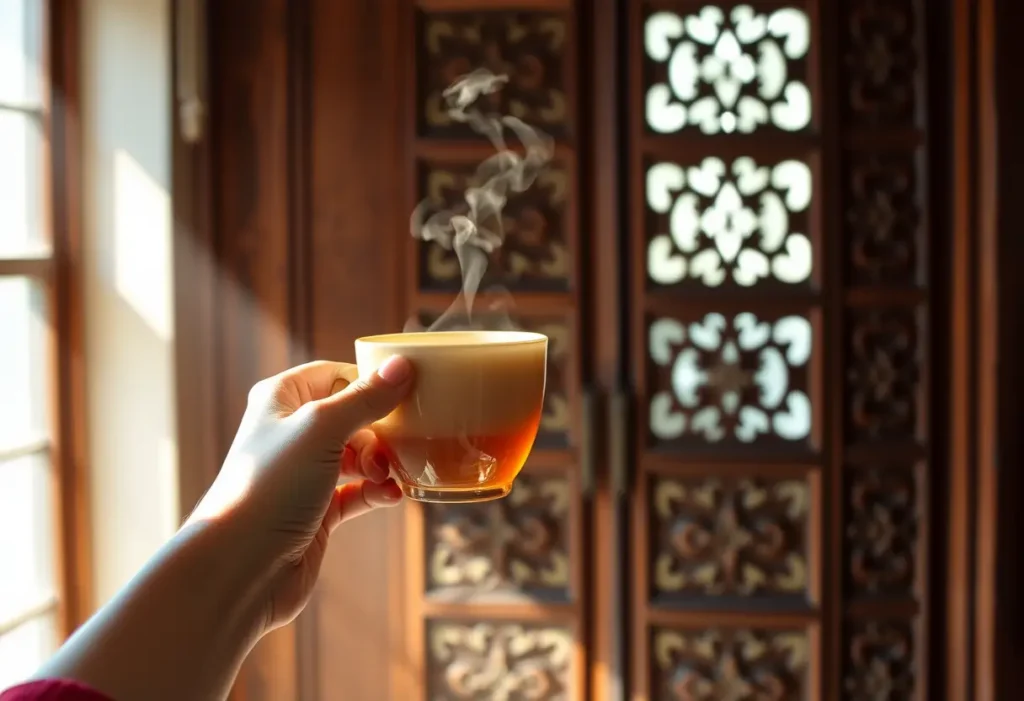 Une main tenant une tasse de thé chaud, avec la lumière du soleil qui filtre à travers une fenêtre, éclairant la vapeur.