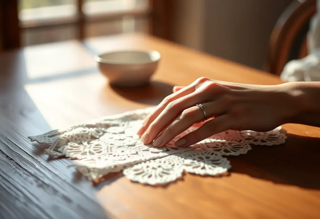 Une main plie délicatement un serviette en dentelle sur une table en bois, éclairée par la lumière du jour.