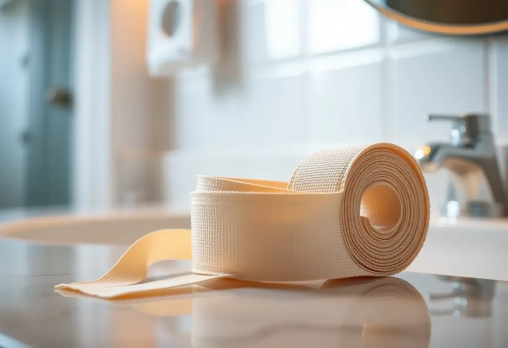 Un rouleau de bandage élastique posé sur un meuble de salle de bains, la lumière douce souligne son aspect.