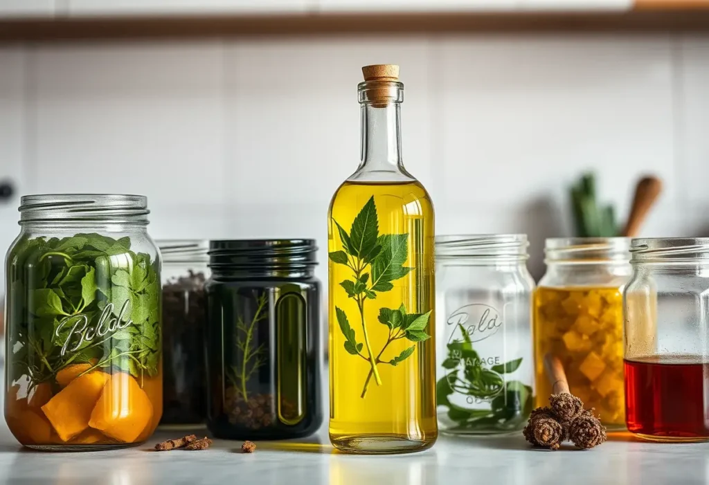 Des bocaux contenant des huiles et des herbes sur un comptoir de cuisine, avec une bouteille de massage maison au centre.