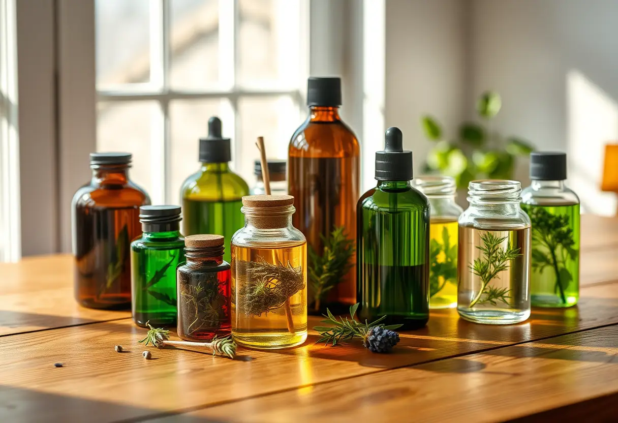 Un bureau avec des bocaux d'huiles et d'herbes