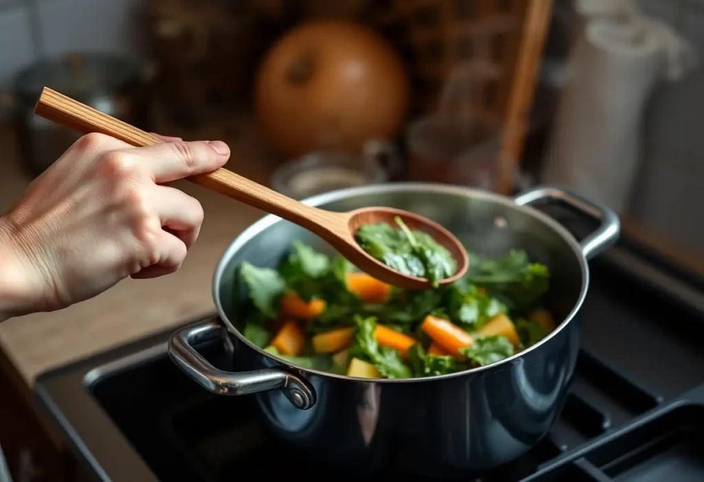 Main de femme tenant une cuillère de bois dans une cuisine, symbolisant la santé et la nutrition