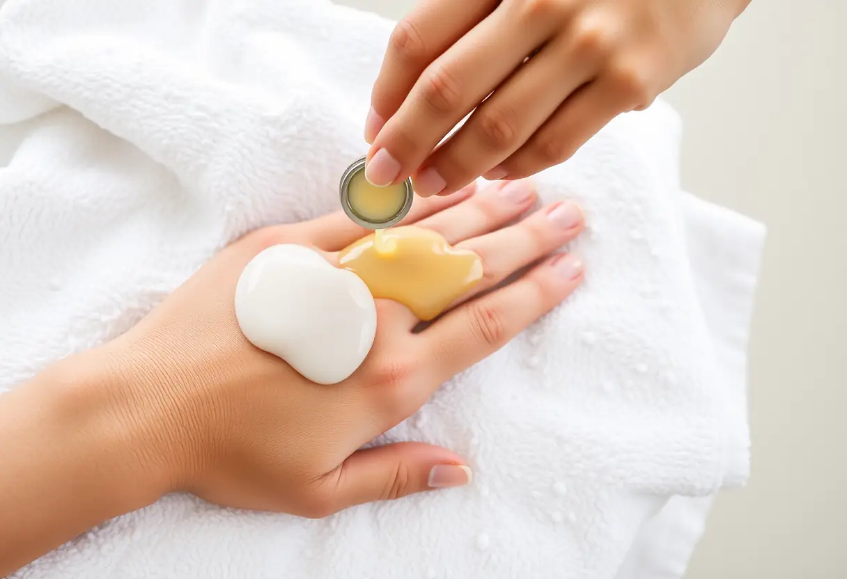 Mains posées sur un linge blanc, l'une appliquant de l'huile de coco sur l'autre, mettant en valeur le soin personnel