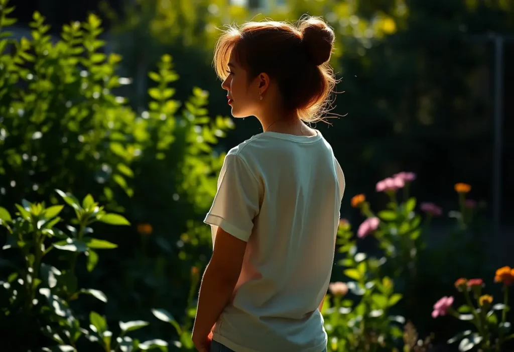 Un profil féminin dans un jardin verdoyant, reflétant la sérénité et l'harmonie du corps.