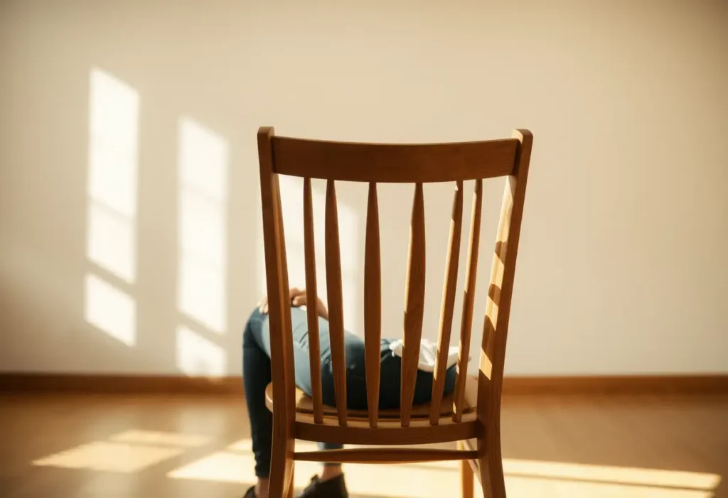 Une chaise en bois dans une pièce baignée de lumière, mains posées sur les cuisses, la lumière chaude souligne les fibres du bois