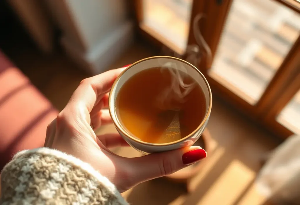 Une main féminine tenant une tasse de thé chaud avec des herbes, éclairée par la lumière du soleil
