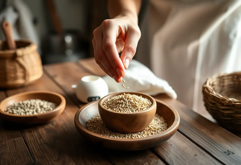 Main de femme posant des graines de lin dans un bol sur une table de cuisine rustique