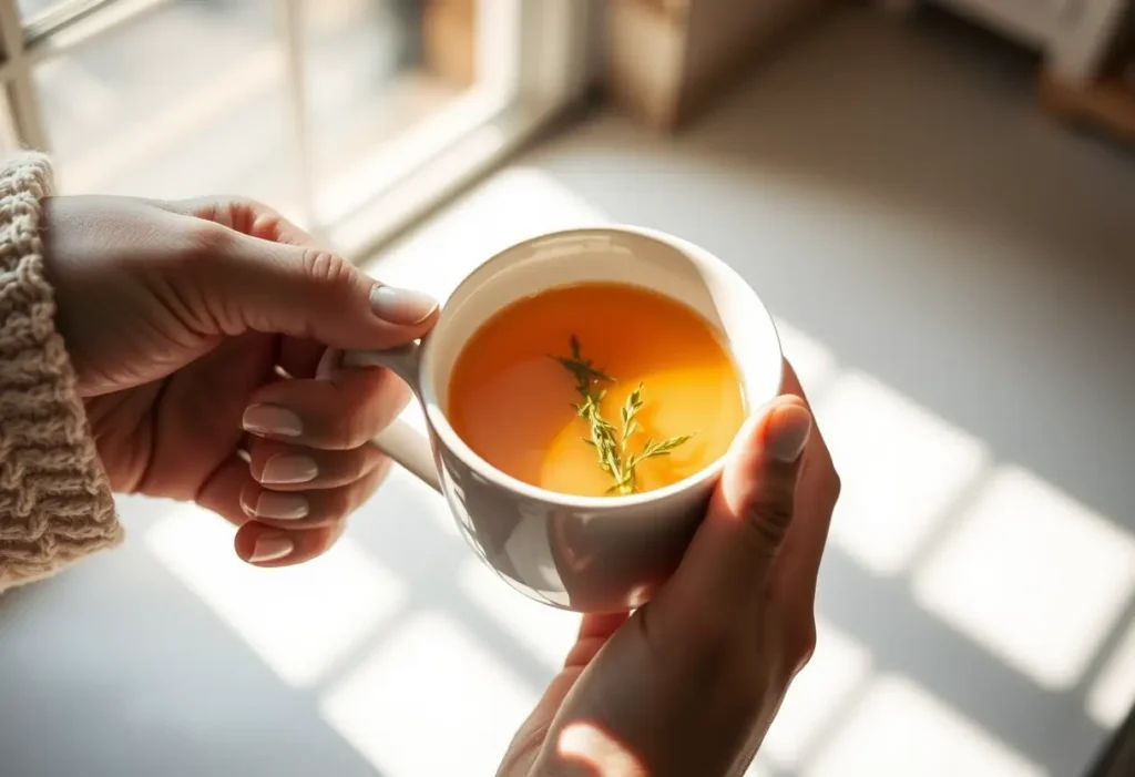Une main féminine tient une tasse de thé herboriste, évoquant chaleur et bien-être.
