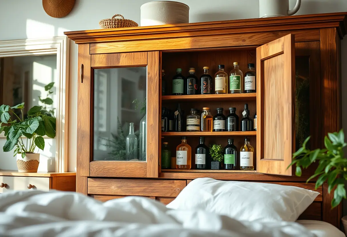 Un meuble en bois dans une chambre accueillante, contenant des bocaux avec diverses herbes et huiles, symbolisant les remèdes naturels.