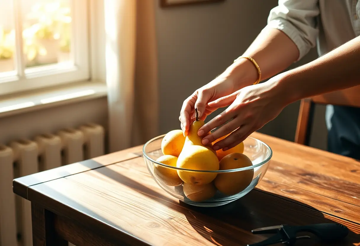 Un bol de fruits sur une table de cuisine baigne de lumière naturelle. Des mains massent délicatement une poire.