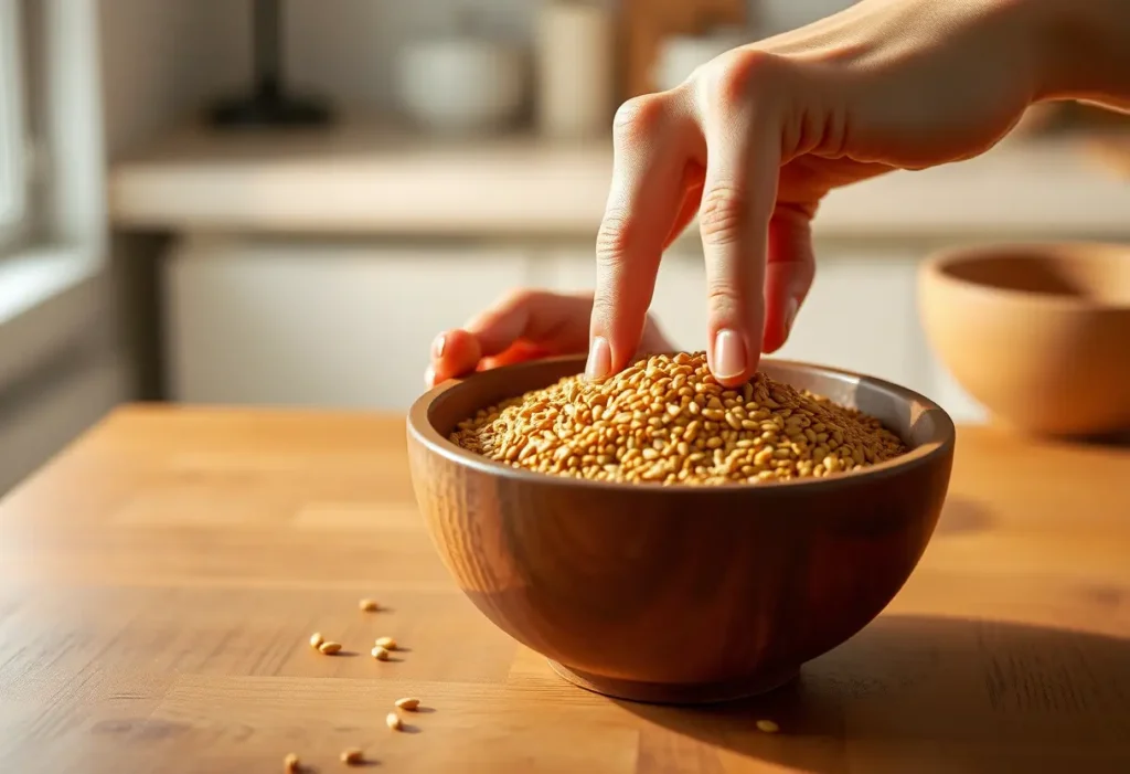 Des graines de fenugrec dans un bol en bois, symbolisant les aliments qui favorisent une poitrine plus grande.
